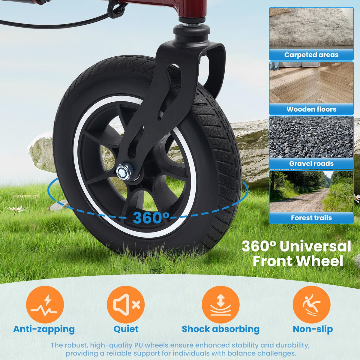 Foldable Rolling Walker with Seat 330 lbs Capacity 10 inch Wheels O7342