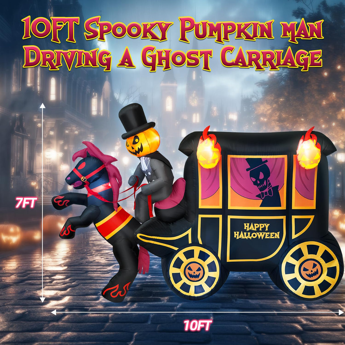 10FT Halloween Inflatable Pumpkin-Headed Horse Carriage with LED Light Y15837