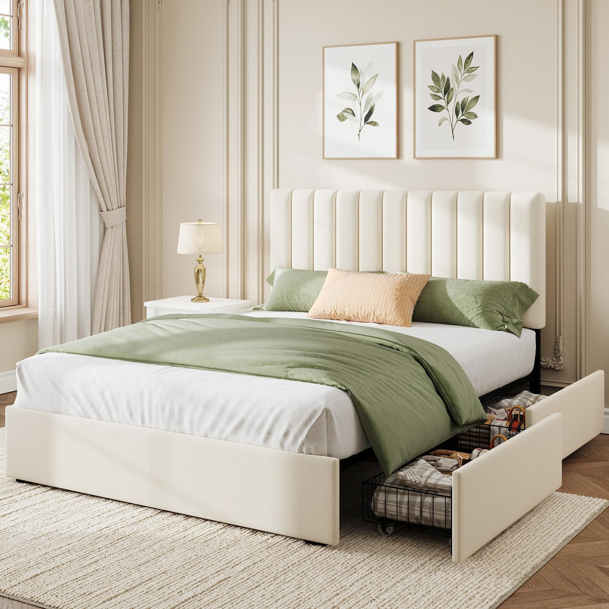 White Full Size Upholstered Bed Frame with Headboard & 4 Drawers B957