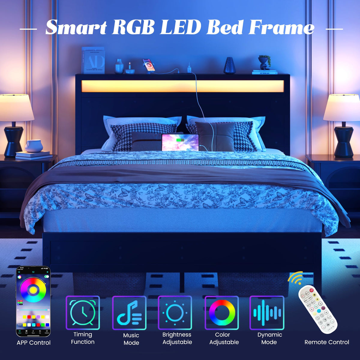Full Bed Frame with Headboard, Footboard, Charging Station, LED Light, Storage Shelf, Black U744439