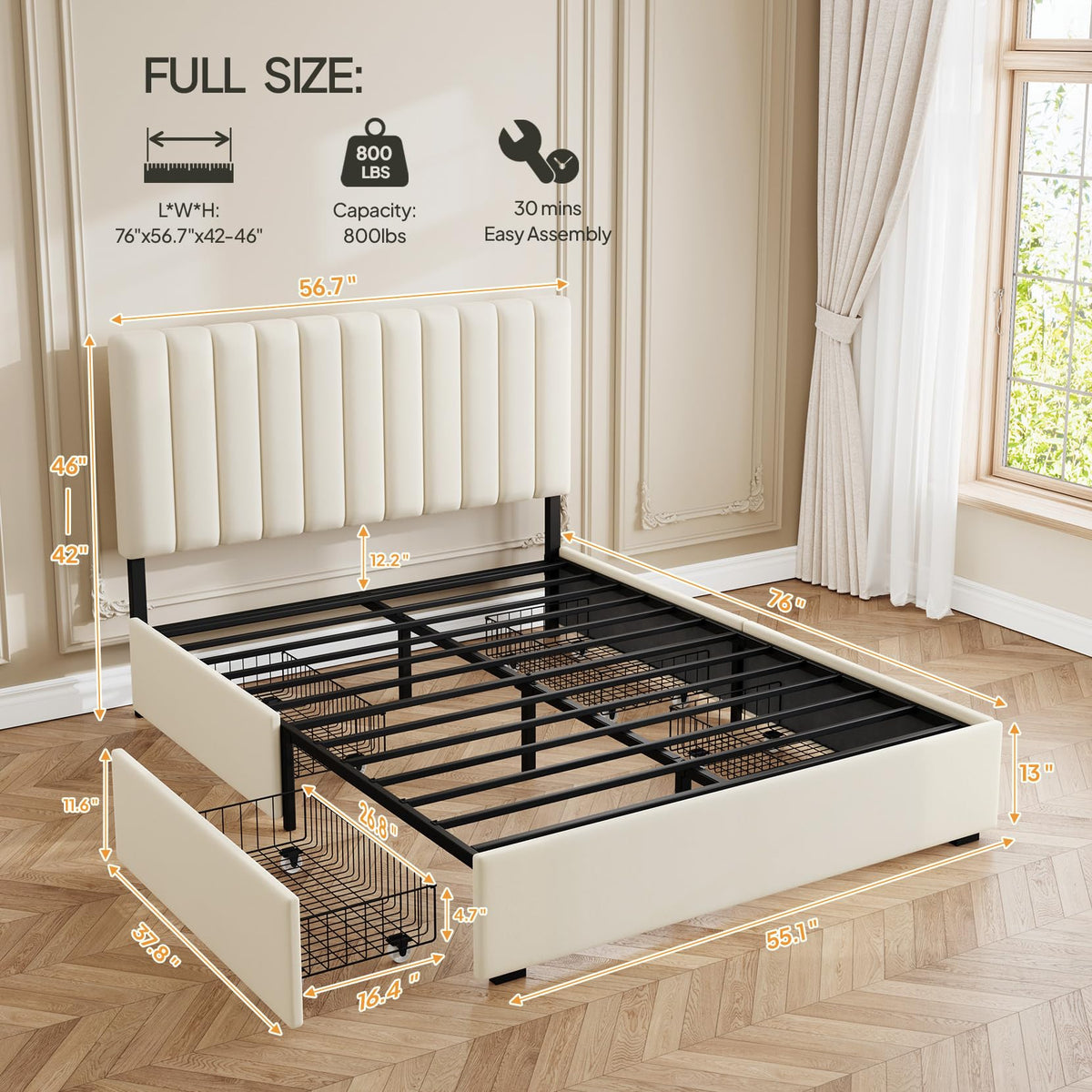 White Full Size Upholstered Bed Frame with Headboard & 4 Drawers B957