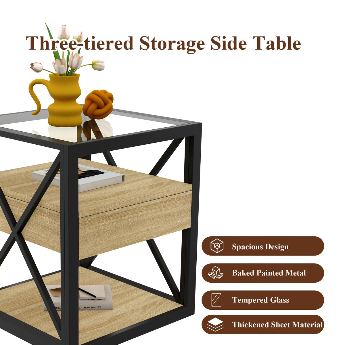 Brown Wood Glass Metal End Table Set of 2 C477