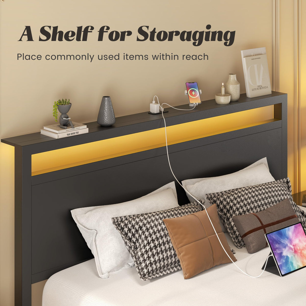 Full Bed Frame with Headboard, Footboard, Charging Station, LED Light, Storage Shelf, Black U744439