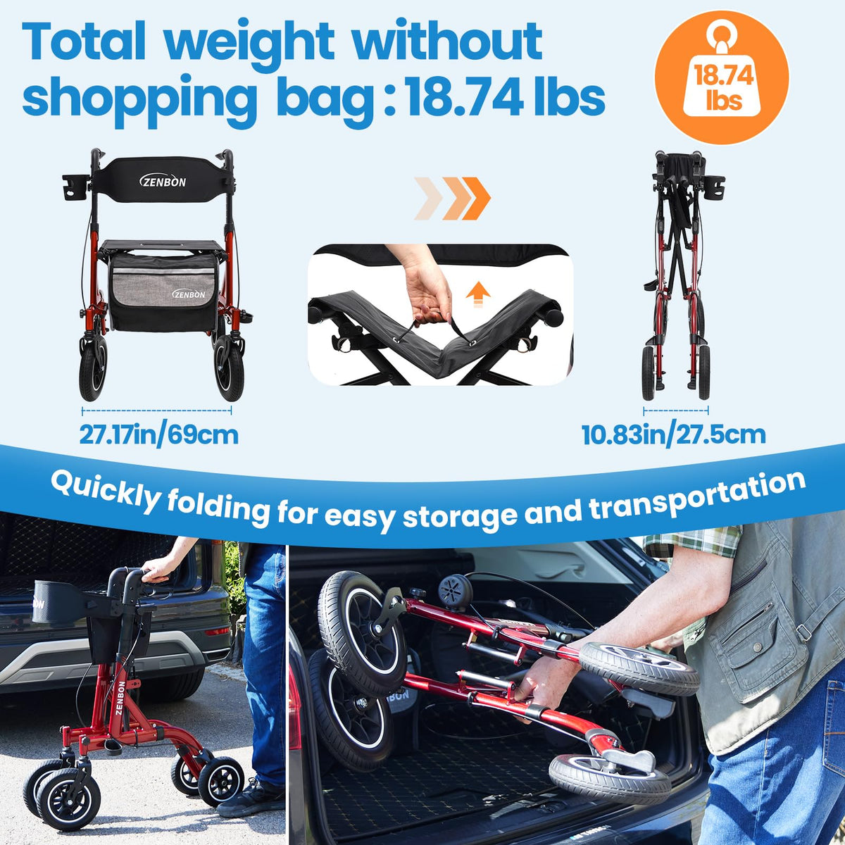Foldable Rolling Walker with Seat 330 lbs Capacity 10 inch Wheels O7342