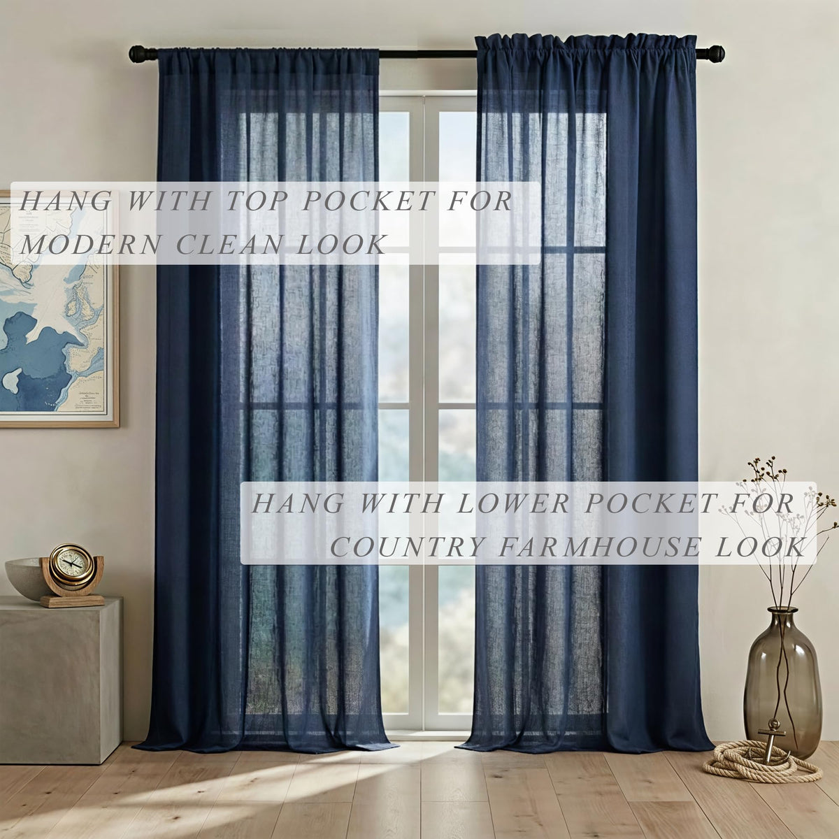 Navy Blue Linen Curtains 96 Inches Long Rod Pocket Semi Sheer Cotton Canvas T54271