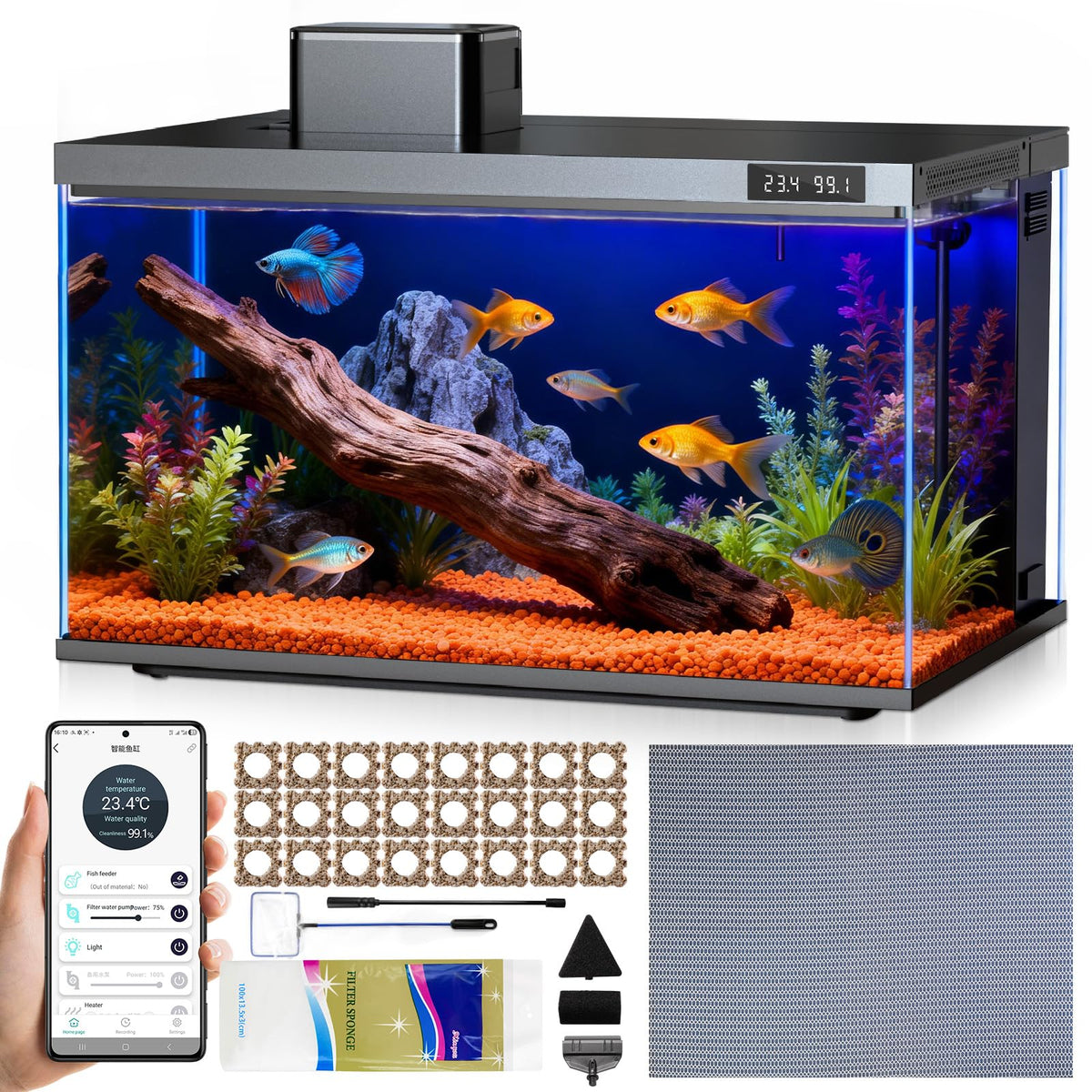 10 Gallon Smart Fish Aquarium Kit with Pump Filtration LED Lighting L24020