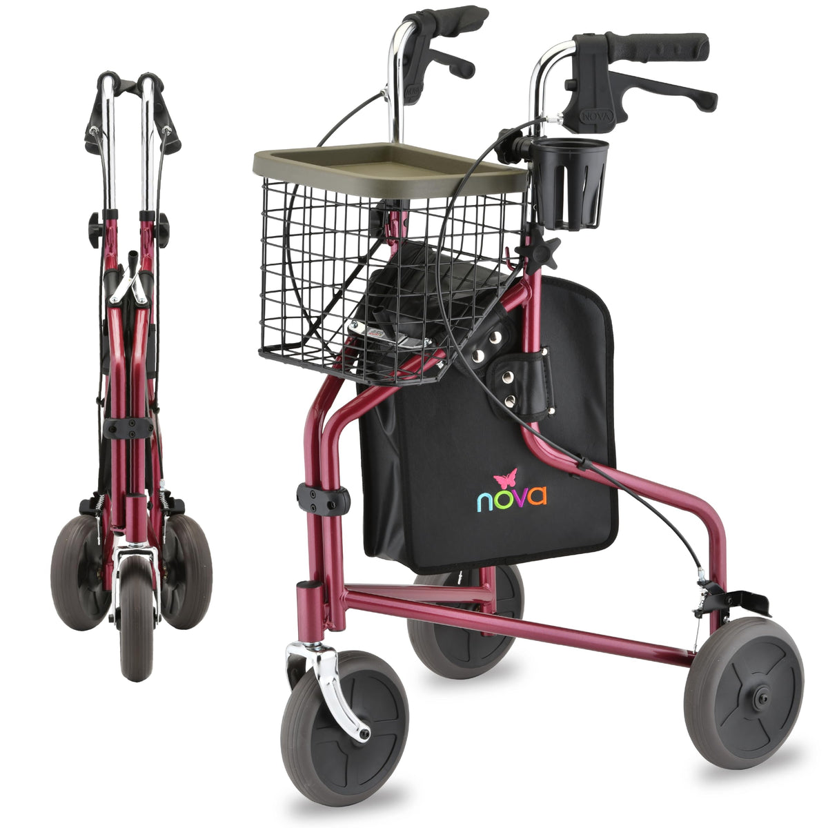 Folding 3-Wheel Walker with Tray Basket Pouch Cup Holder Y522