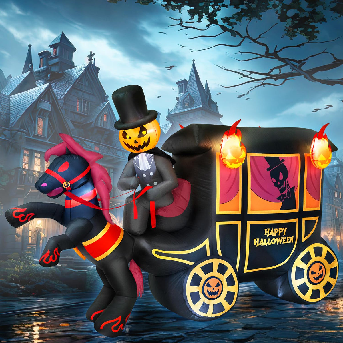 10FT Halloween Inflatable Pumpkin-Headed Horse Carriage with LED Light Y15837