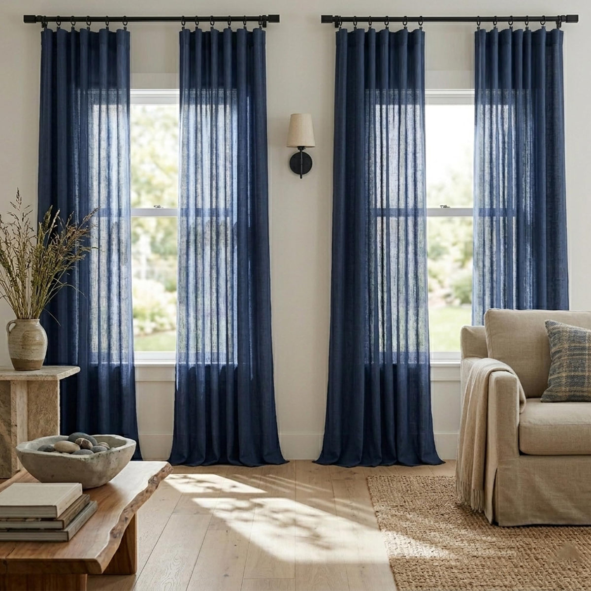 Navy Blue Linen Curtains 96 Inches Long Rod Pocket Semi Sheer Cotton Canvas T54271