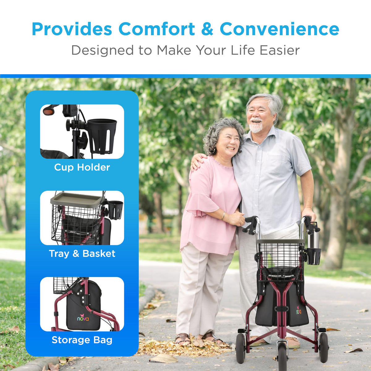 Folding 3-Wheel Walker with Tray Basket Pouch Cup Holder Y522