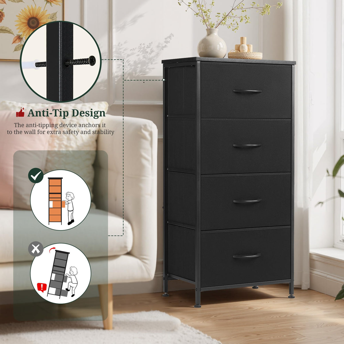 4 Drawer Fabric Storage Dresser with Wooden Top V870