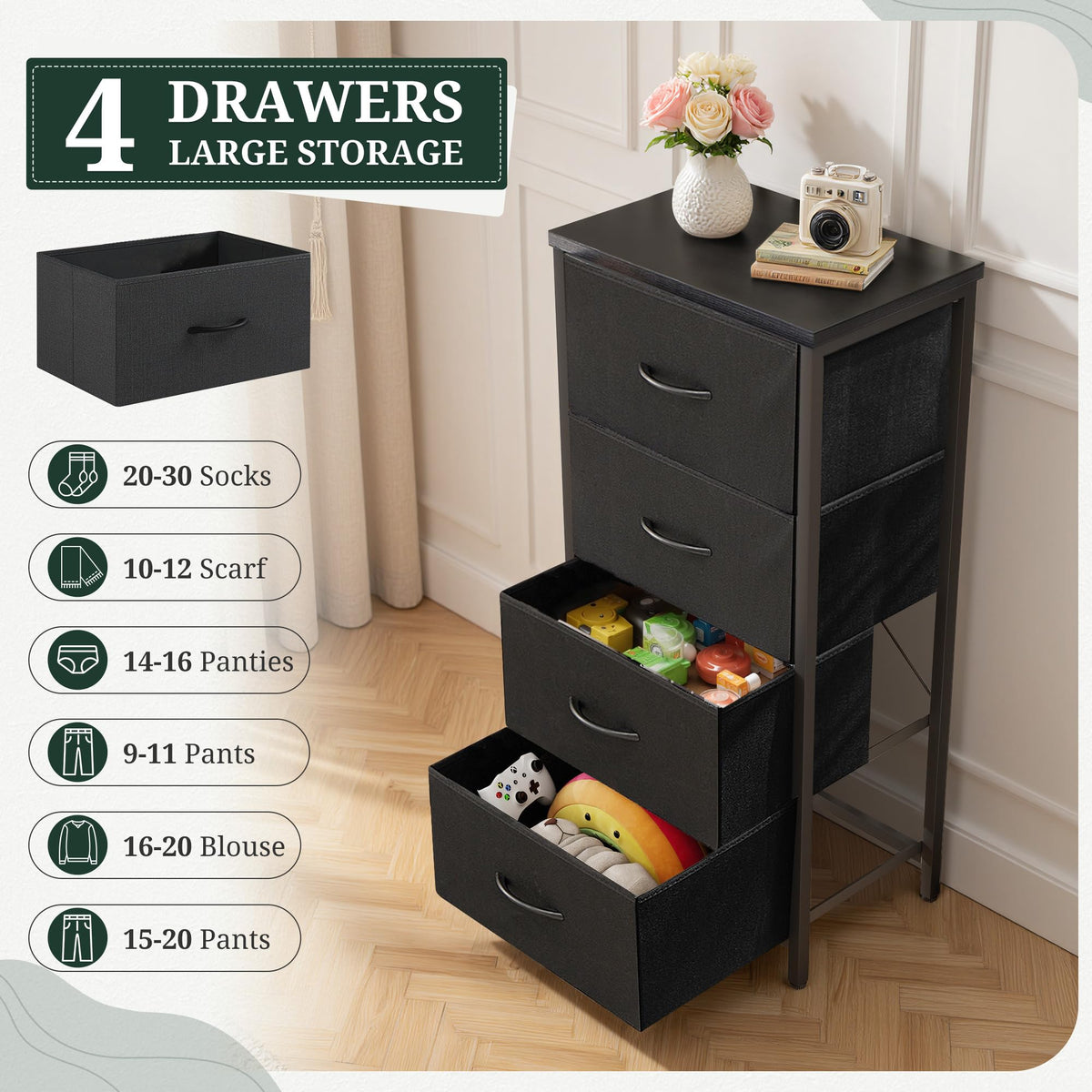 4 Drawer Fabric Storage Dresser with Wooden Top V870