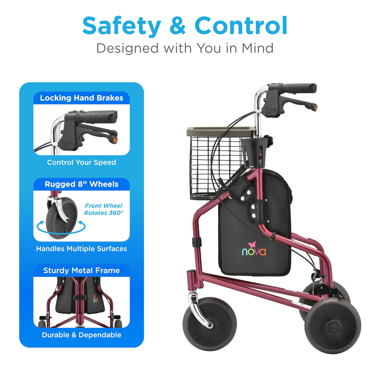 Folding 3-Wheel Walker with Tray Basket Pouch Cup Holder Y522