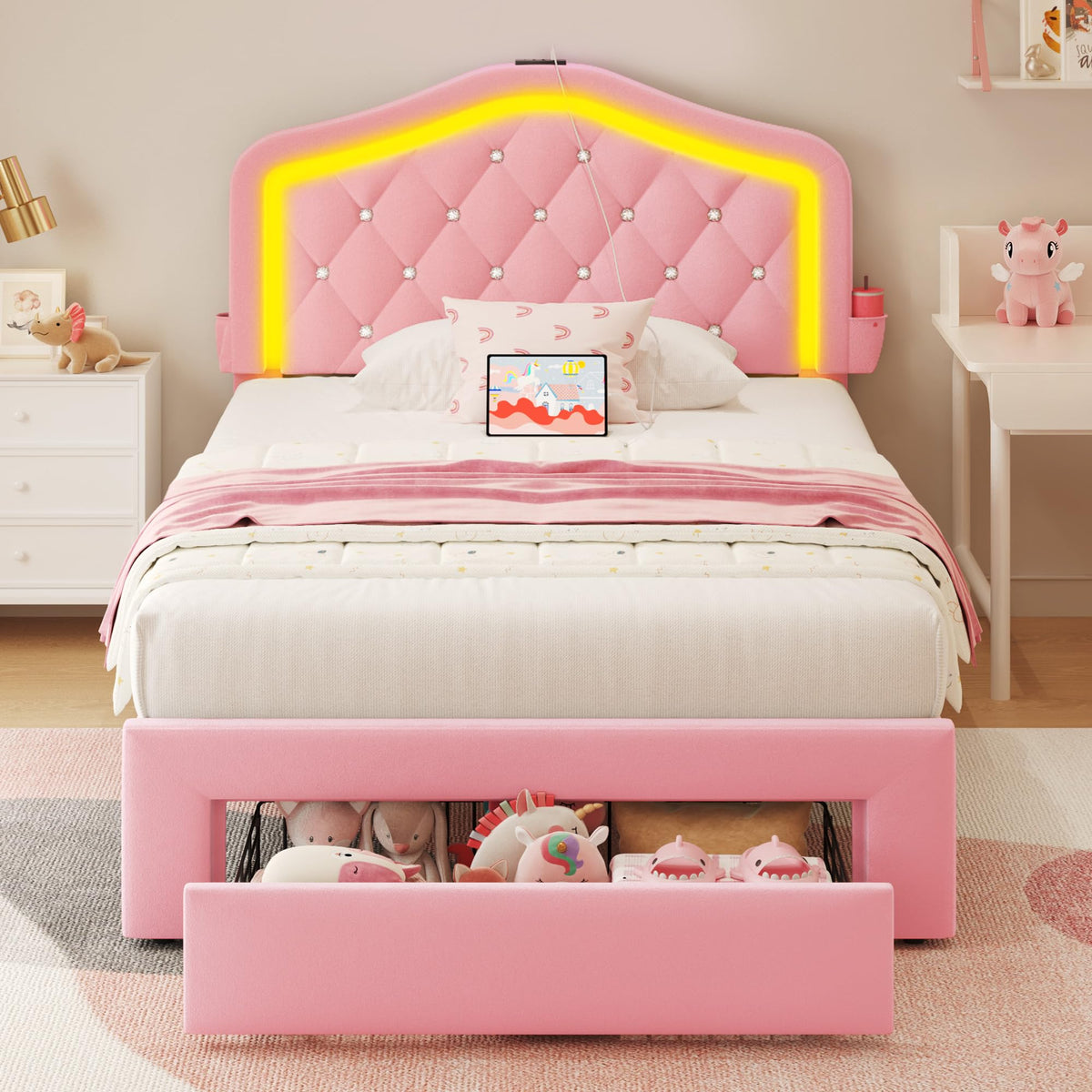 Twin Bed Frame with Adjustable Velvet Upholstered Headboard and Storage Drawers H519674