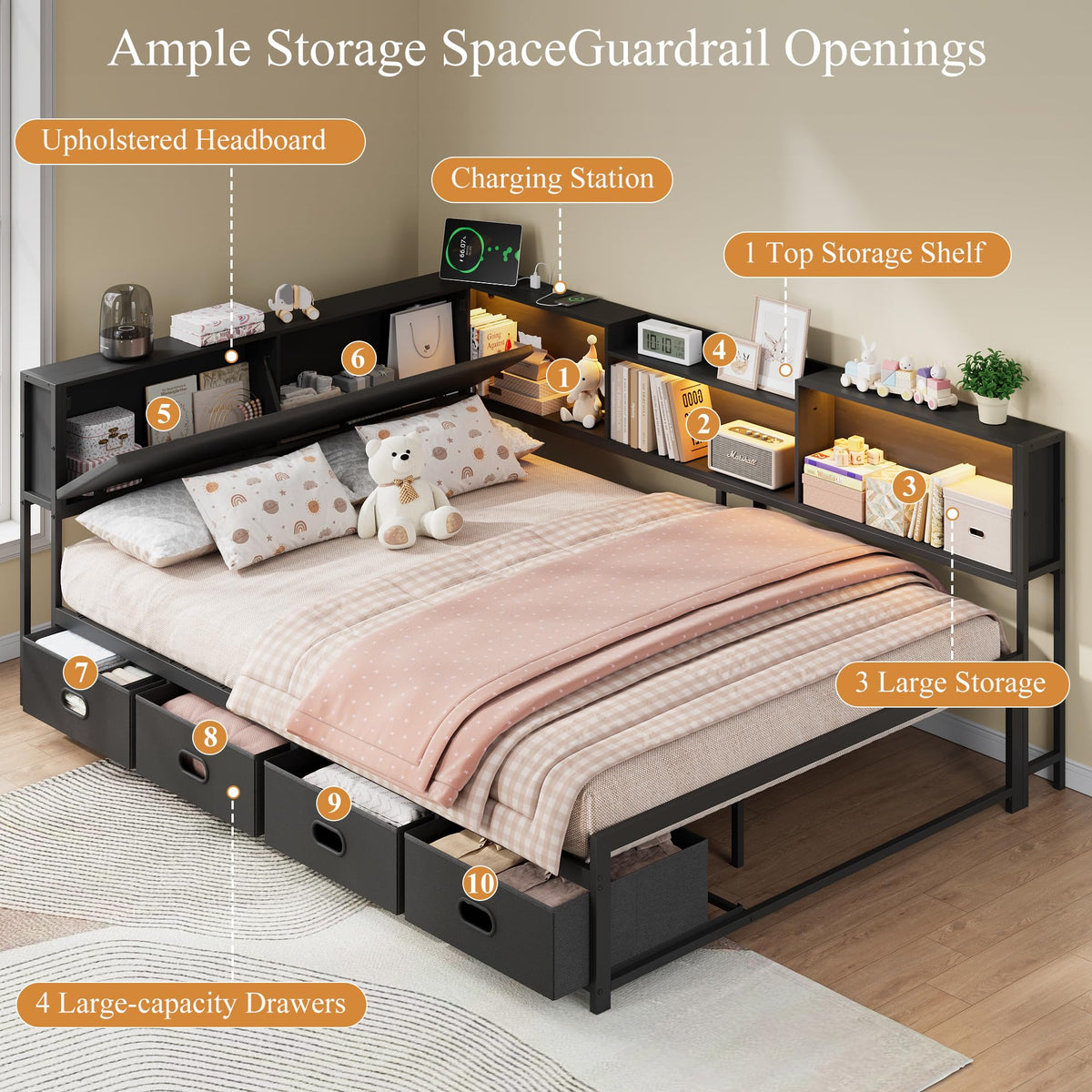 Black Corner Bed Frame with 4 Storage Bookcases O54007