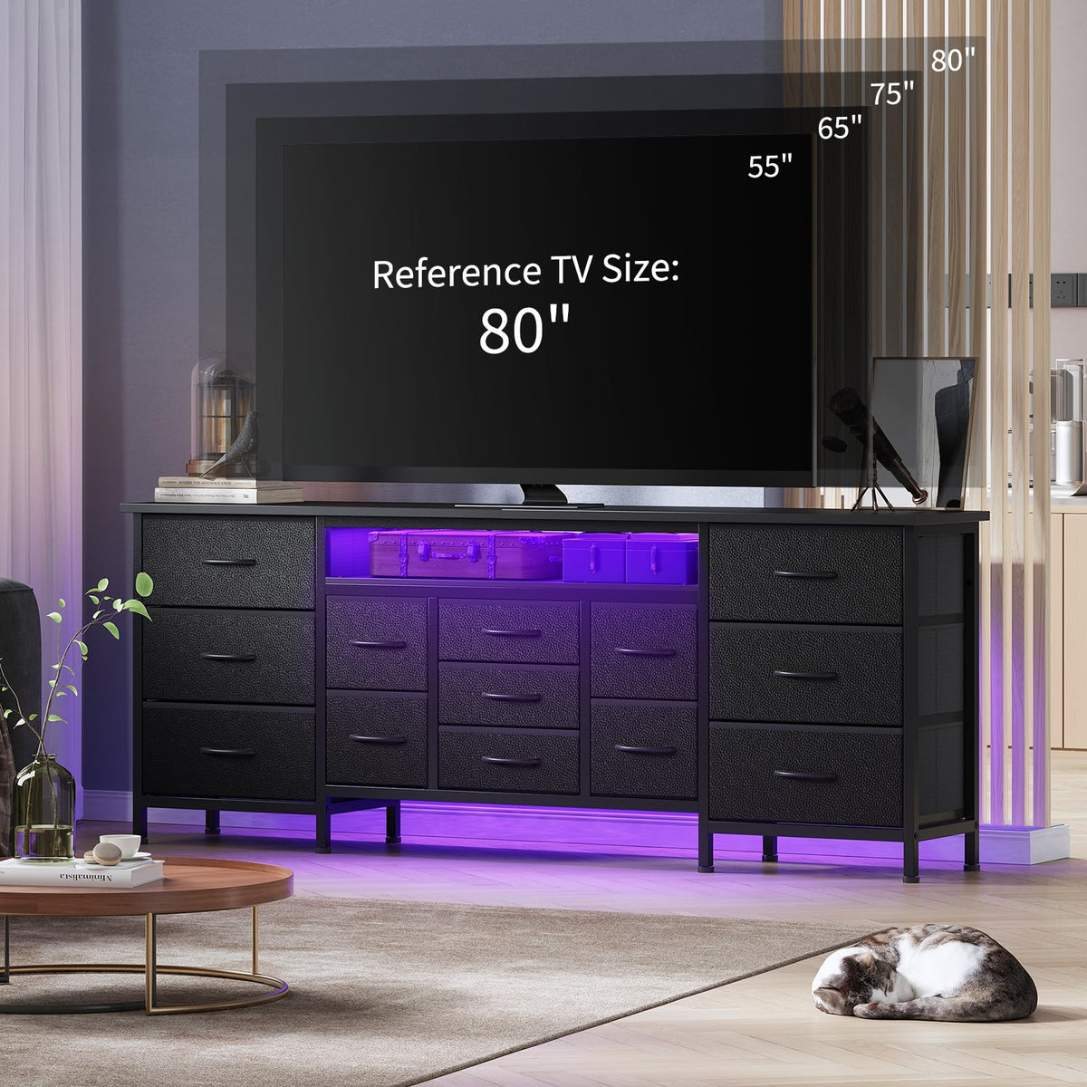 Black 13 Drawer Dresser TV Stand with LED Lights & Charging Station R55809