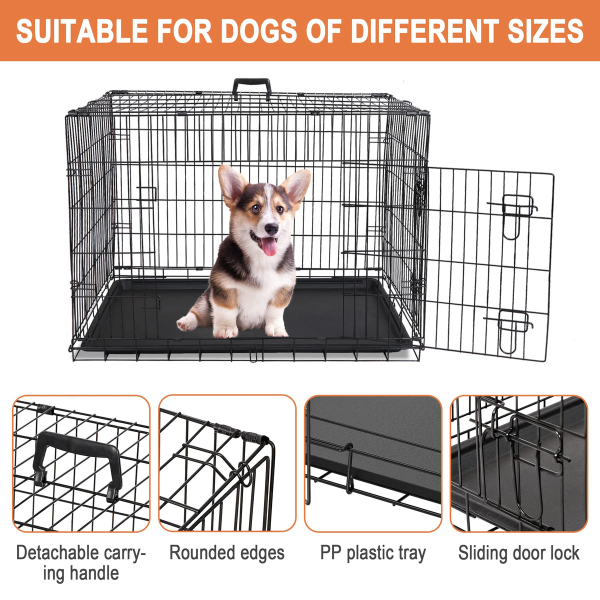 Double Door Folding Metal Wire Dog Crate with Tray G573445
