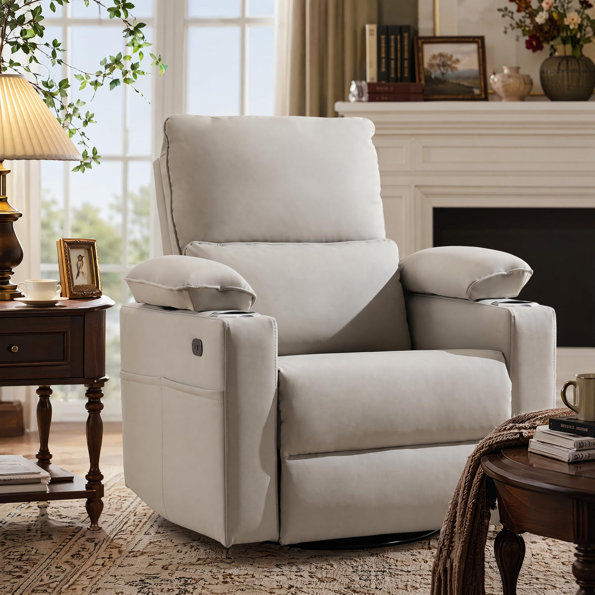 Oversized Power Swivel Rocker Recliner with Heating and Massage, Faux Leather, Grey L487871