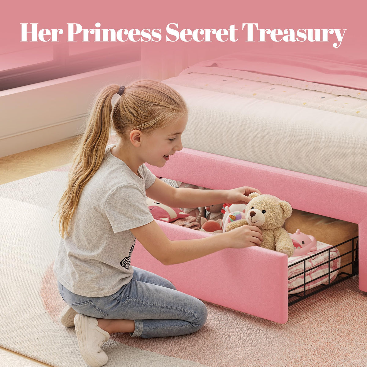 Twin Bed Frame with Adjustable Velvet Upholstered Headboard and Storage Drawers H519674