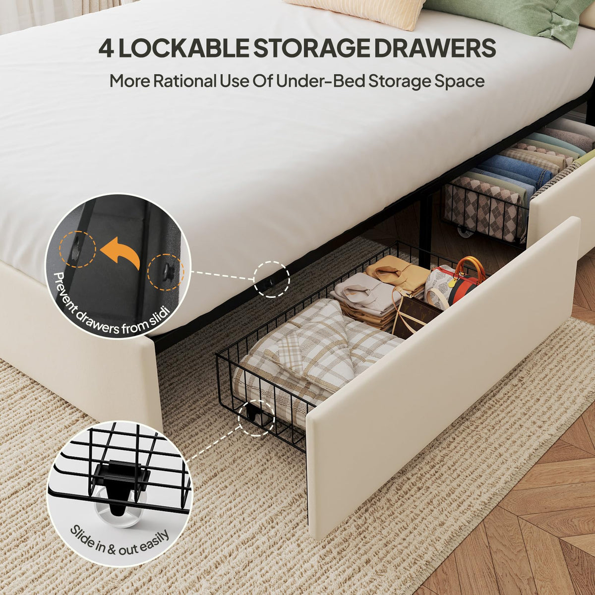 White Full Size Upholstered Bed Frame with Headboard & 4 Drawers B957