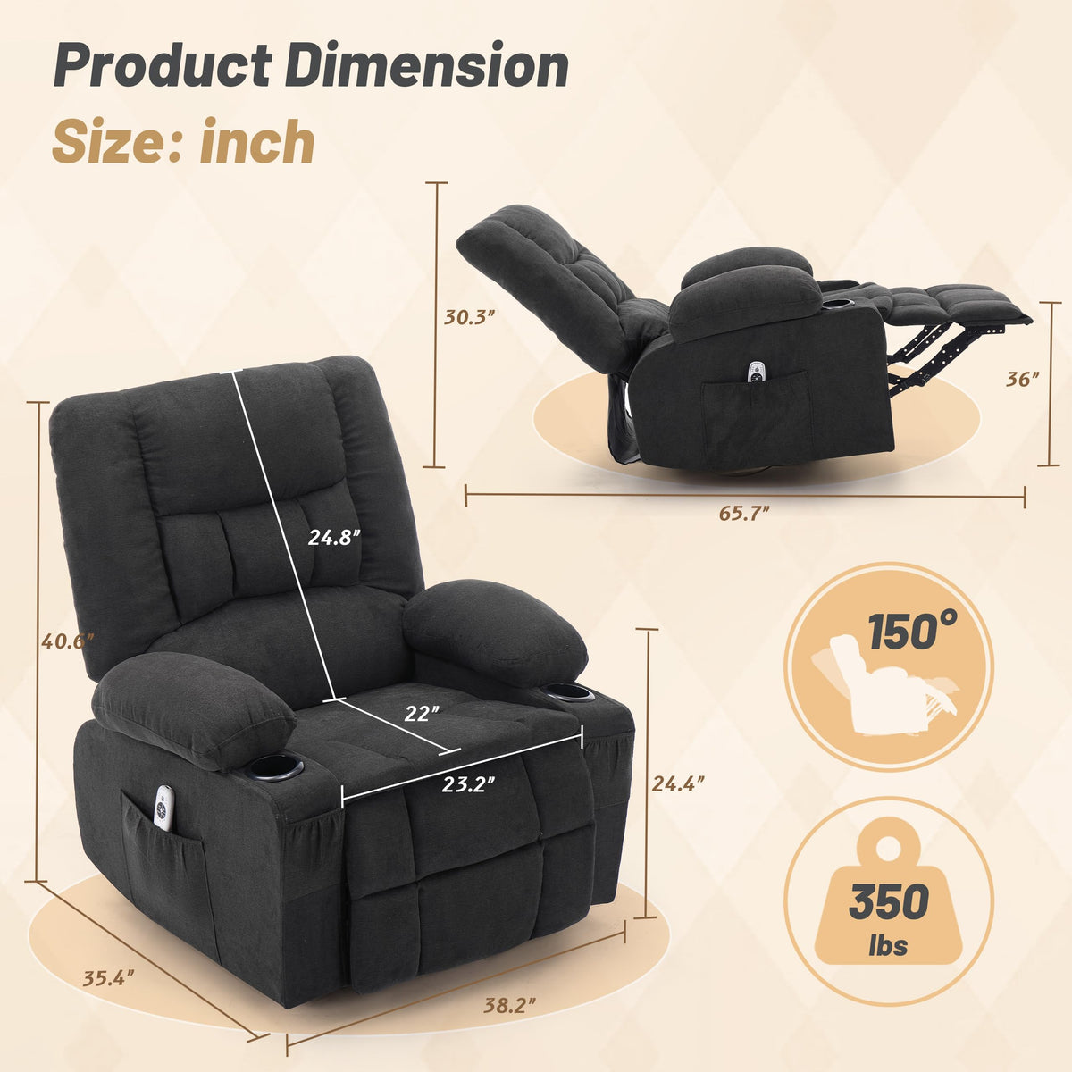 Oversized Swivel Rocker Recliner Chair with Massage & Heat, Black J9309