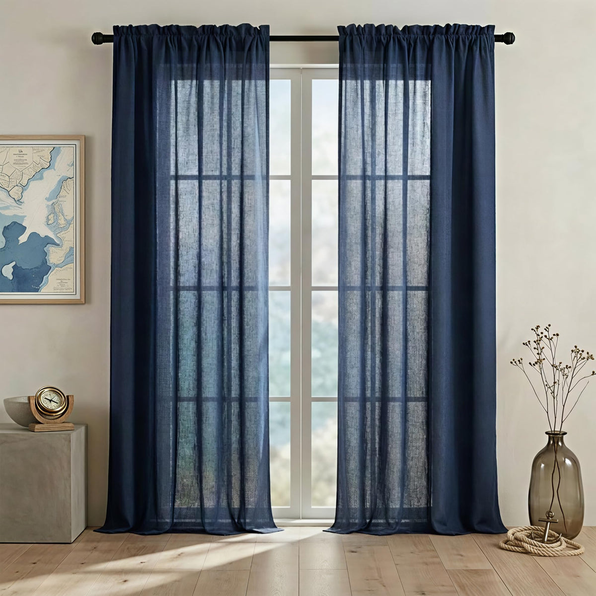 Navy Blue Linen Curtains 96 Inches Long Rod Pocket Semi Sheer Cotton Canvas T54271