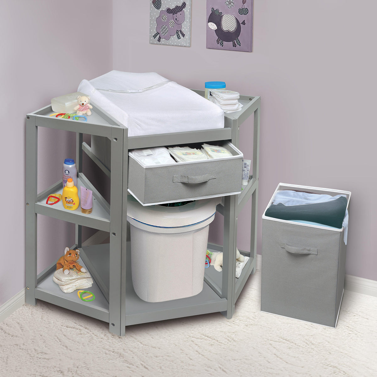 Gray Corner Baby Changing Table with Storage Bin E93379