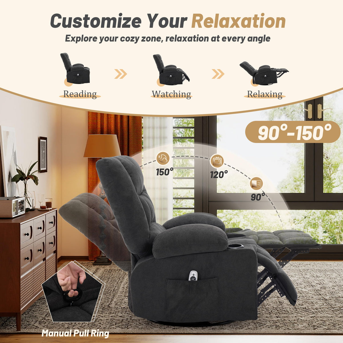 Oversized Swivel Rocker Recliner Chair with Massage & Heat, Black J9309