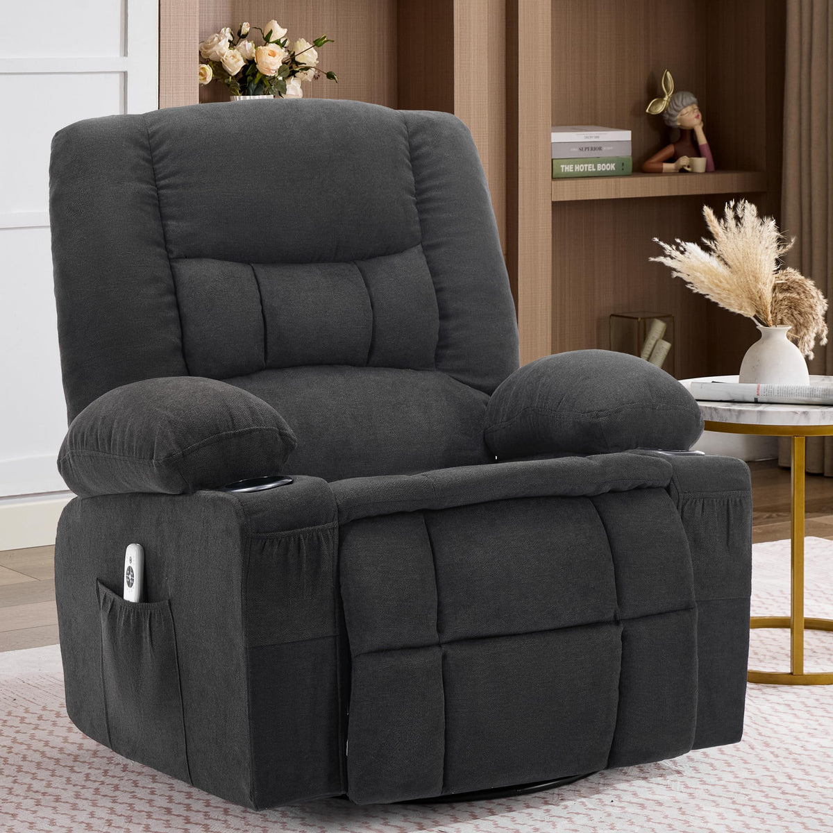 Oversized Swivel Rocker Recliner Chair with Massage & Heat, Black J9309