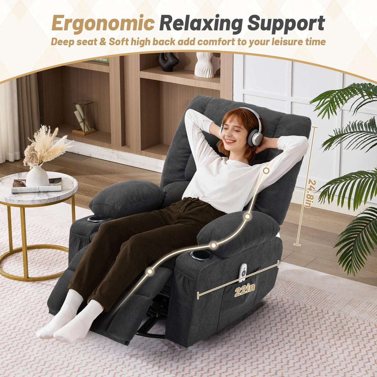 Oversized Swivel Rocker Recliner Chair with Massage & Heat, Black J9309