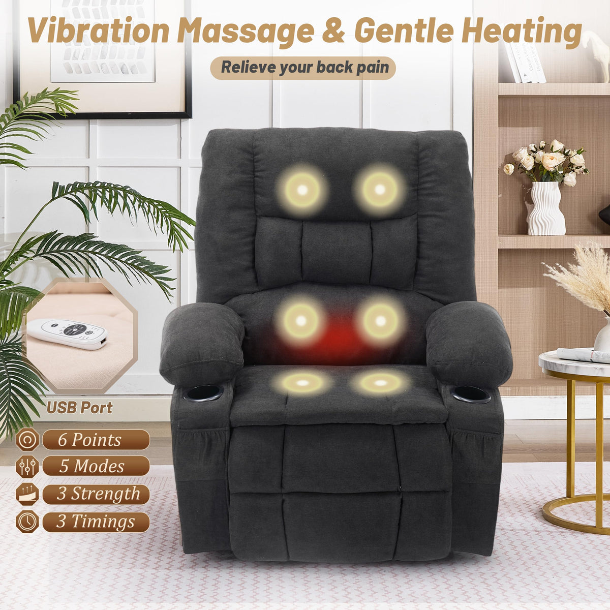Oversized Swivel Rocker Recliner Chair with Massage & Heat, Black J9309