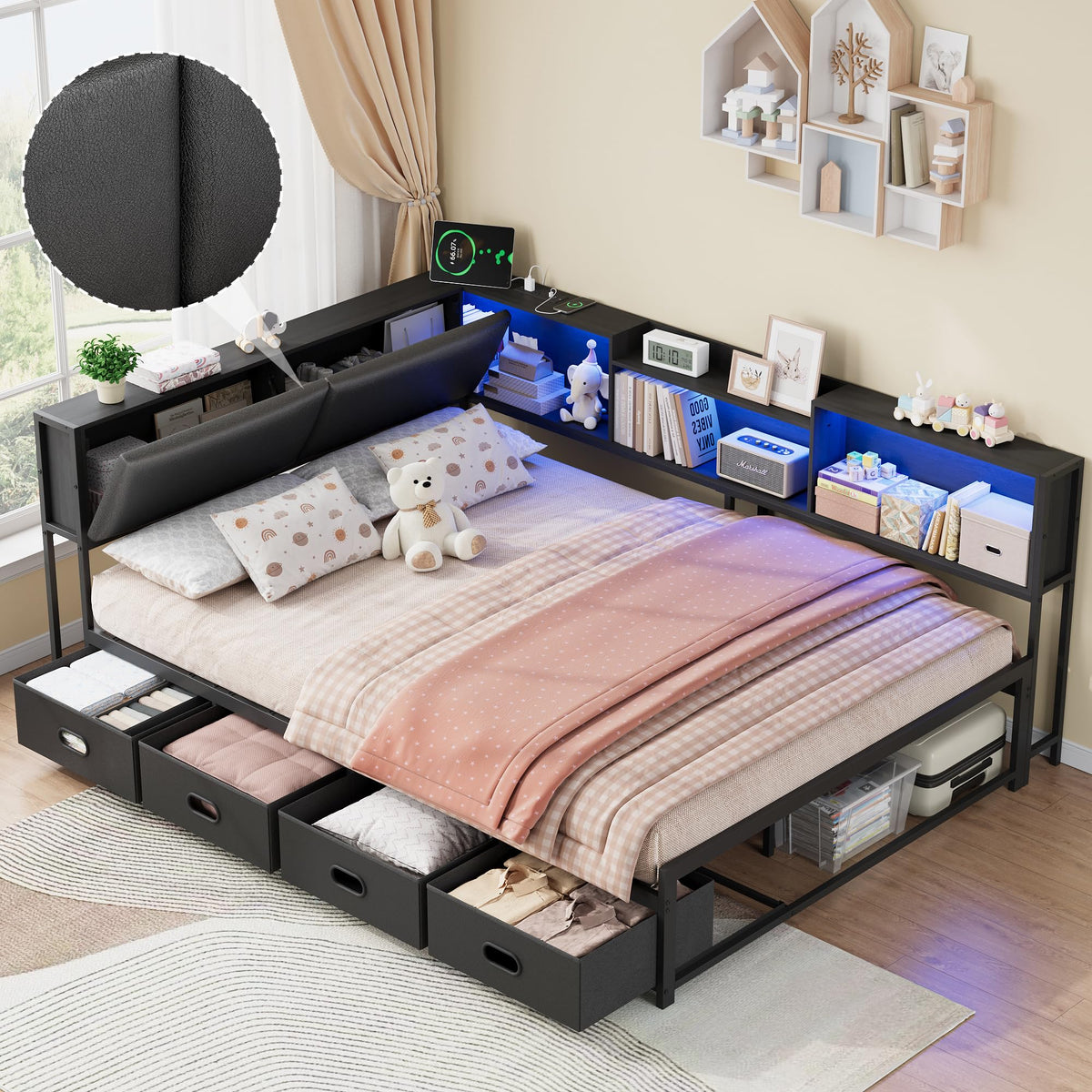 Black Corner Bed Frame with 4 Storage Bookcases O54007